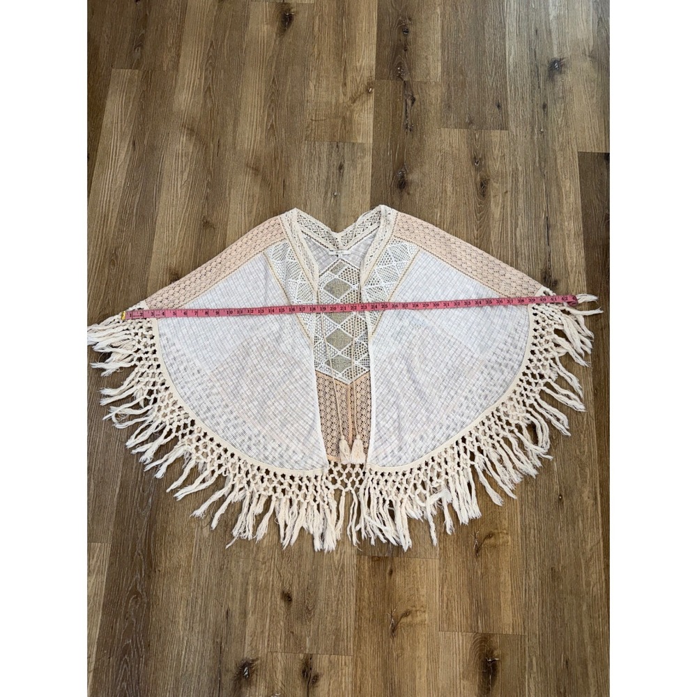 Miss Me Boho Crochet Fringe Lace Poncho Women L Cream Peach Tassels Western - Picture 4 of 7